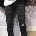 New Trendy High Street Brand Distressed Jeans For Men, Rhinestone Studded Washed And Distressed, Slim Fit Straight Leg._mkmklike.com