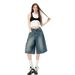 Women's High Waist Denim Bermuda Shorts - Relaxed Fit, Vintage Blue, Comfortable Cotton Blend For Casual & Office Wear_mkmklike.com