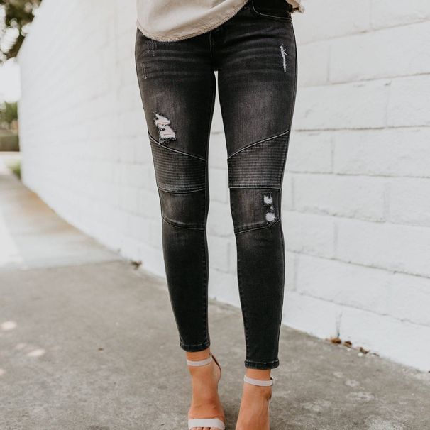 Women's Slim Fit Black Ripped Skinny Jeans – Stretch Pleated Denim Pants With Edgy Style_mkmklike.com