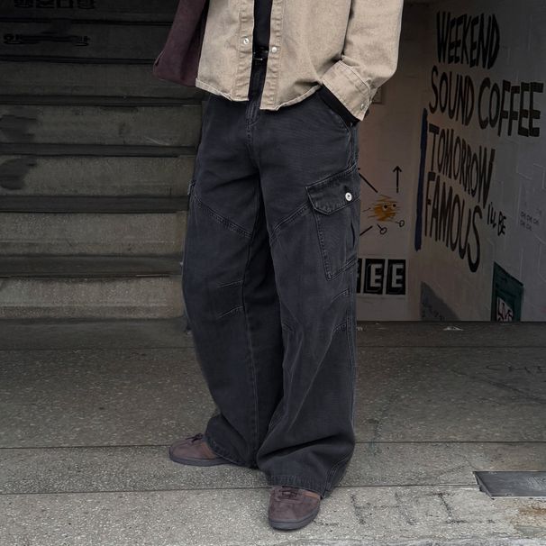 Retro Distressed Workwear Jeans Loose Straight Leg Wide Leg Pants Korean Style Commuter Outfit Men's Spring Autumn_mkmklike.com