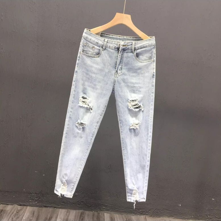 Men's Clothing Summer New Ripped Nine Point Pants Fashion Brand Jeans Slim Fit Cuffed Pants Light Color Pants_mkmklike.com