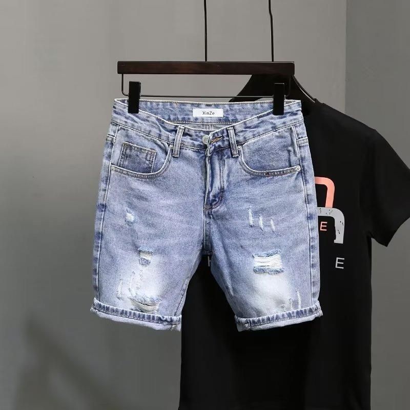Men's Clothing Summer Light Blue Ripped Denim Shorts Men's Trendy Brand Ripped Pockets Slim Straight Beggar Five Point Pants_mkmklike.com