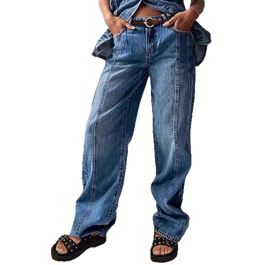 Women's Clothing Loose Wide Leg Patchwork Straight Leg Jeans Women's Trousers_mkmklike.com
