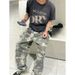 From The Street Gray And White Camouflage Loose Baggy Silhouette Piled Casual Denim Trousers Worn Pilling Overalls_mkmklike.com