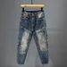 Men's Slim Fit Motorcycle Jeans Trendy Edgy Zipper Pockets Patchwork Design Tapered Leg mid Waist Blue Cotton Stretch Jeans_mkmklike.com