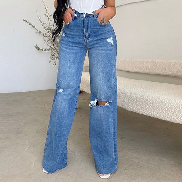 K Women's Jeans Long High Waisted Ripped Edge European And American Style Comfortable Wide Leg Pants_mkmklike.com