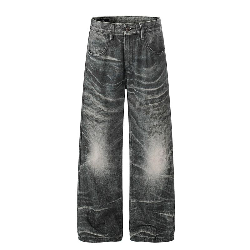 Retro Distressed 3D Printed Jeans Men's Loose Straight Leg Wide Leg Pants Trendy Cool Washed Coated Denim For Women_mkmklike.com