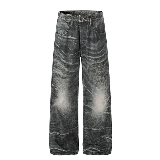 Retro Distressed 3D Printed Jeans Men's Loose Straight Leg Wide Leg Pants Trendy Cool Washed Coated Denim For Women_mkmklike.com