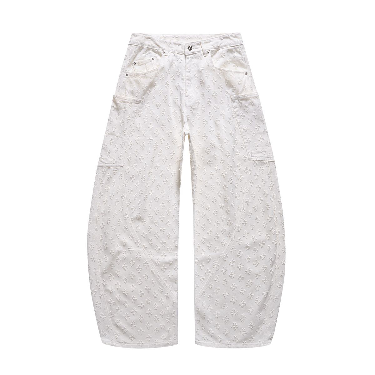 Men's American Style Cream Jacquard Carpenter Pants With Textured Fabric And Wide-Leg Silhouette_mkmklike.com
