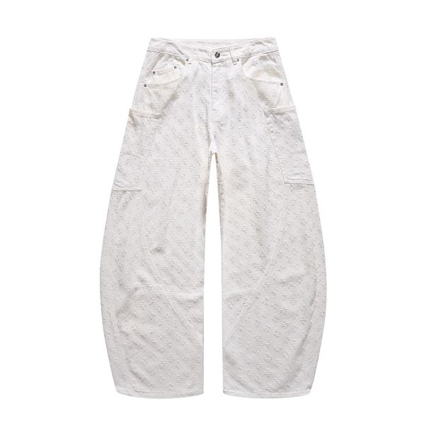 Men's American Style Cream Jacquard Carpenter Pants With Textured Fabric And Wide-Leg Silhouette_mkmklike.com