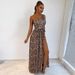 Women's oblique shoulder leopard print slim waist temperament long dress_mkmklike.com
