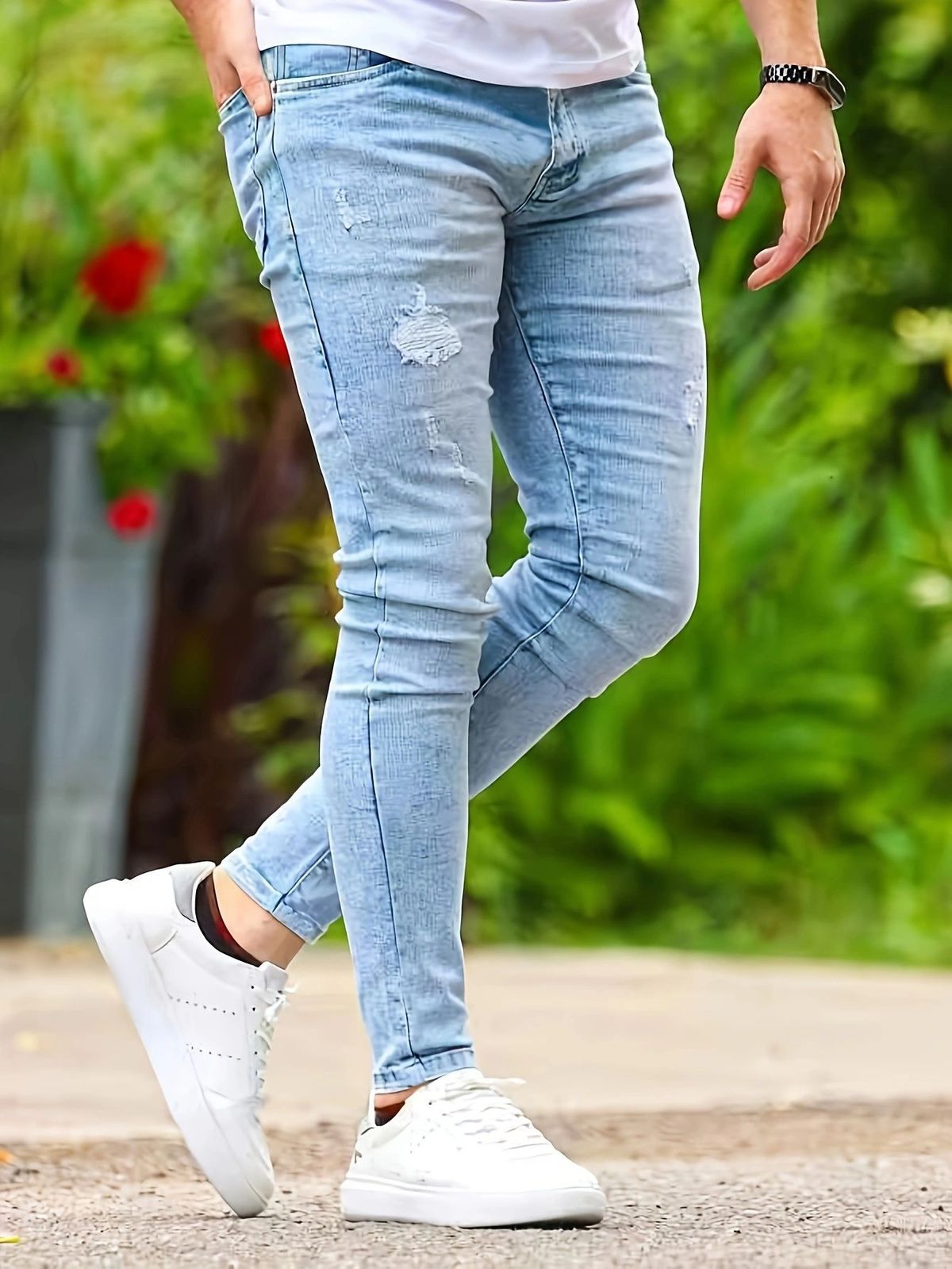 Men’s Slim Fit Stretch Jeans – Mid-Rise Skinny Denim Pants, Washed & Distressed (S-XXL, Light Blue) For Casual & Streetwear_mkmklike.com