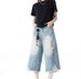 American Retro High Street Breathable Washed Ripped Denim Shorts Men's And Women's Summer Trendy Brand Casual Loose Seven-point Pants_mkmklike.com