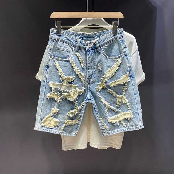 Men's Frayed Distressed Denim Shorts Heavyweight Loose Fit Straight Leg mid Length American Trendy Brand Stylish Edgy Five Point_mkmklike.com