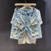Men's Frayed Distressed Denim Shorts Heavyweight Loose Fit Straight Leg mid Length American Trendy Brand Stylish Edgy Five Point_mkmklike.com