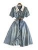 Denim Polo Collar Dress Female Split Belt Slim Design Sense Chic Temperament Long Skirt_mkmklike.com
