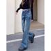 Vintage American Style High Waist Wide Leg Jeans For Women - Retro Blue Distressed Denim Flared Trousers With Drop Hem_mkmklike.com