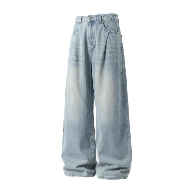 Men's Distressed Washed Denim Jeans With Side Pleats, Loose Fit Straight Leg Casual Pants For Spring Streetwear_mkmklike.com