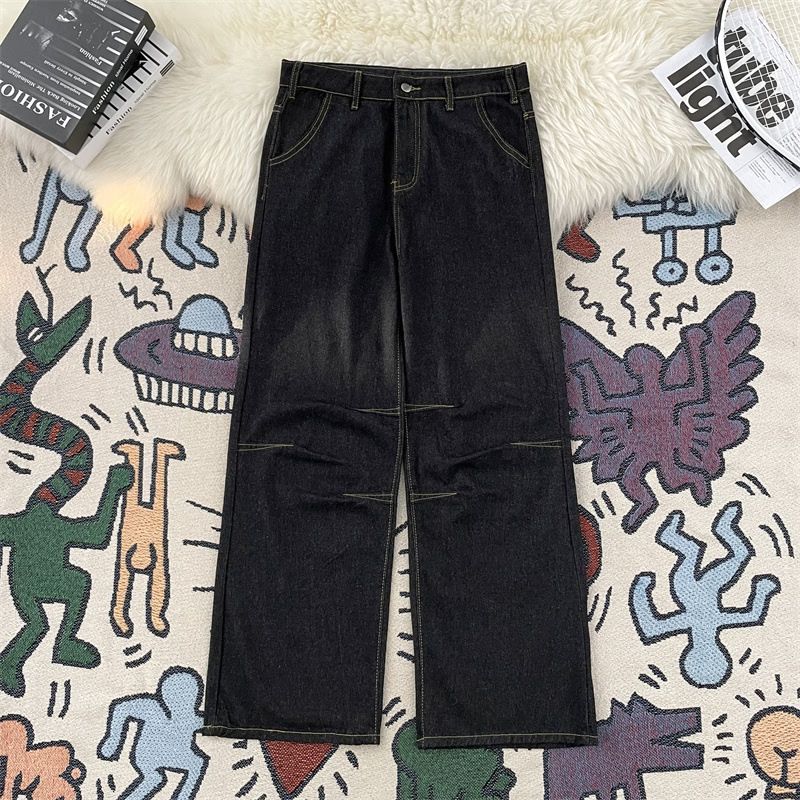 Men's Punk Patchwork Jeans - Distressed Denim Pants With Rebel Edge, Vintage-Inspired Wide Leg Trousers_mkmklike.com