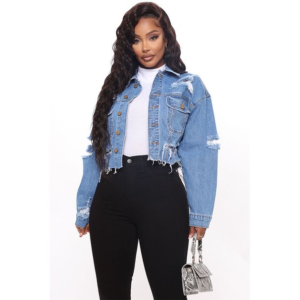 Women's Clothing Denim Jacket Fashion Ripped Tops Washed And Cut Denim Jacket_mkmklike.com