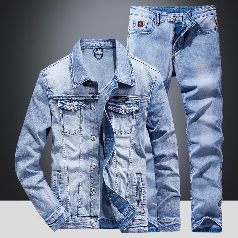 Northfold Light Blue Denim Suit Men Slim Fit Korean Style Stretch Two-Piece Set 2025 Spring Autumn Trendy Jacket Coat_mkmklike.com