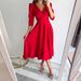 Women's Clothing solid color V neck waist bubble three quarter sleeves swing dress long_mkmklike.com