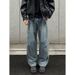 American Retro Blue Curved Hem Jeans Men, Spring, Autumn, Winter Trendy Brand, Stylish Loose Straight-leg Wide-leg Pants_mkmklike.com
