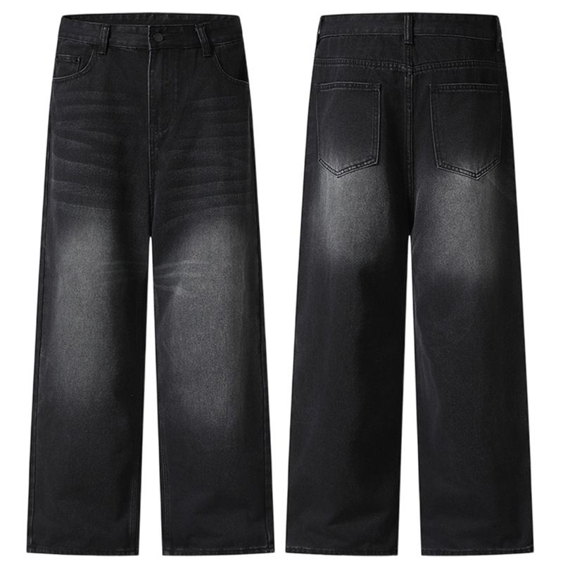 Vintage Straight Jeans – Cleanfit Washed Denim With Distressed Finish, Classic Relaxed Fit For Men (Black/Indigo/Aged Blue)_mkmklike.com