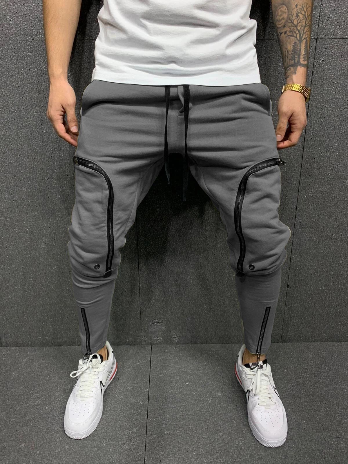 Men's Clothing Men's Hot School Bag Pocket Fitness Drawstring Small Feet Zipper Patch Pocket Slim Fit Sweatpants_mkmklike.com