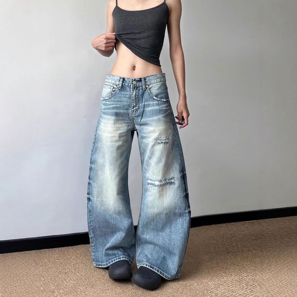 Plus Size Distressed High-Waisted Wide Leg Jeans For Women - Vintage Washed Denim With Raw Hem & Cropped Flare_mkmklike.com