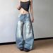 Plus Size Distressed High-Waisted Wide Leg Jeans For Women - Vintage Washed Denim With Raw Hem & Cropped Flare_mkmklike.com
