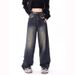 American Retro Blue-gray High-waisted Loose Denim Pants For Women, Spring Autumn Washed And Distressed Straight Casual_mkmklike.com