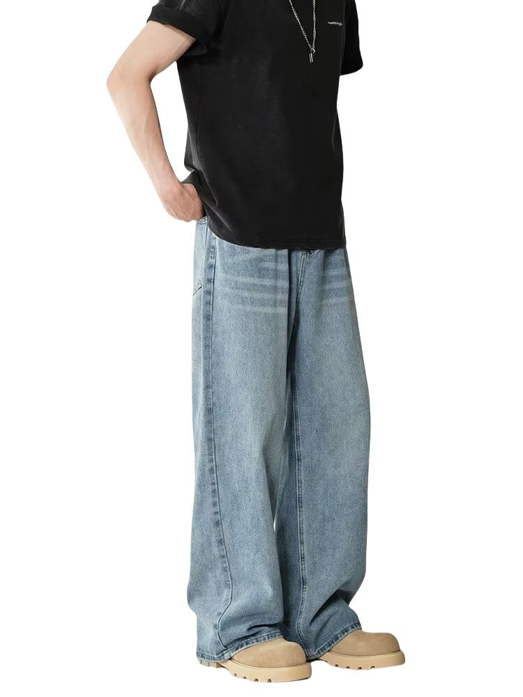 Vintage Washed Wide Leg Jeans For Men – Retro Loose Fit, Heavyweight Cotton, Distressed Straight Cut (S-XXXL, Light Blue/Dark Gray/Vintage Blue)_mkmklike.com