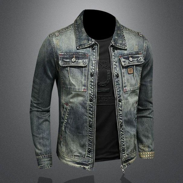 Men's Clothing New High End Distressed Lapel Retro Denim Jacket Slim Fit Handsome Versatile Jacket_mkmklike.com