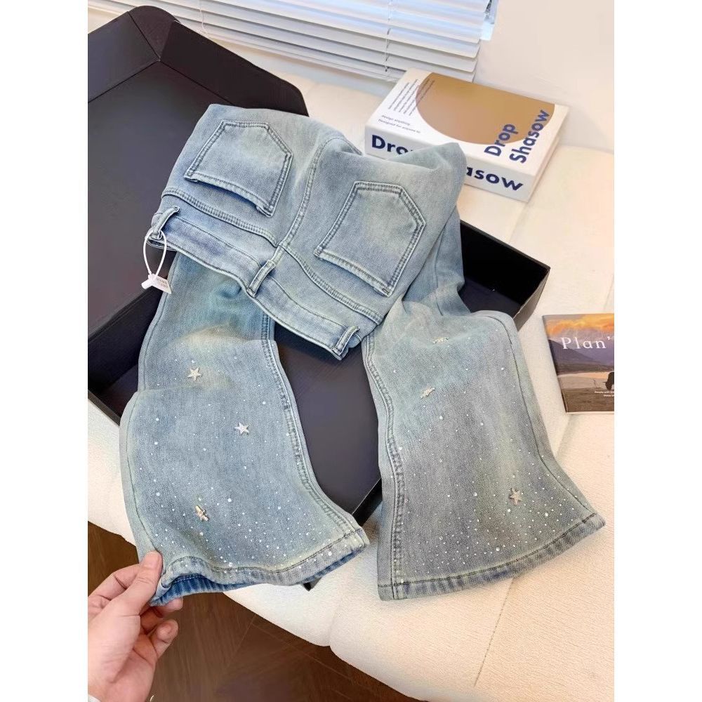 Women's High-Waisted Slim-Fitting Flared Jeans Sparkly Star Rhinestone Detail American Style Petite Spring Horse-Length Pants_mkmklike.com
