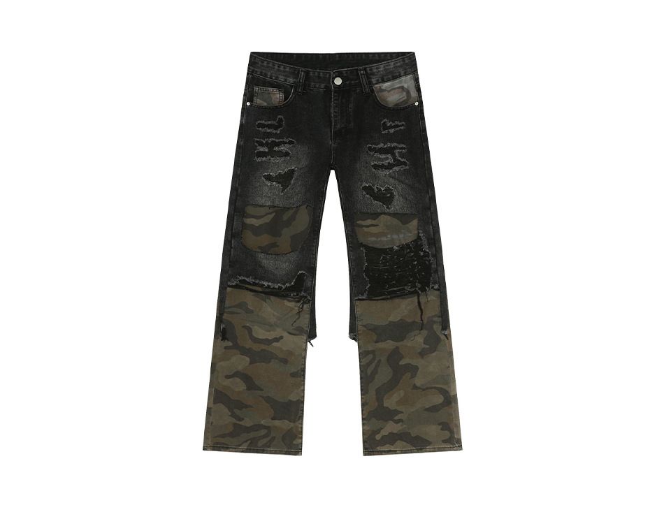 EF JEANS | 2025 New American Street Hole Niche Camouflage Hole Splicing Fashion Contrasting Jeans_mkmklike.com