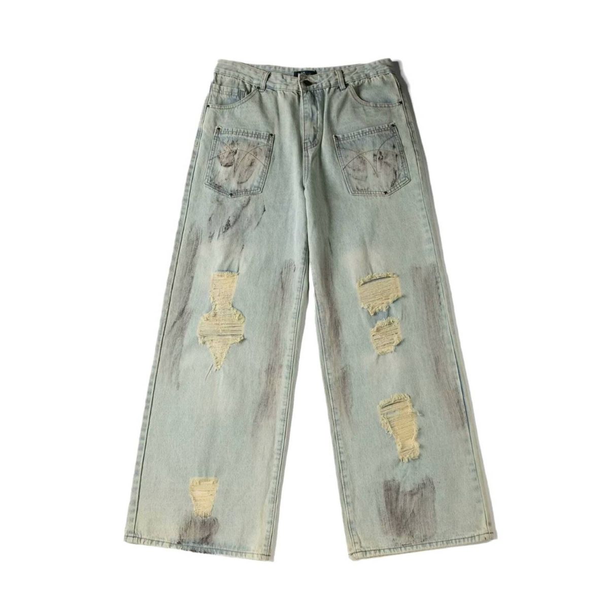 Men's Clothing Street Hole Jeans Men's Retro Old Dirty Damaged Beggar Casual Wide Leg Pants_mkmklike.com