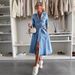 "Women's Denim Shirt Dress – Long Sleeve Washed Cotton Blend Tunic With Button Front & Chest Pocket, Casual Overshirt Duster"_mkmklike.com
