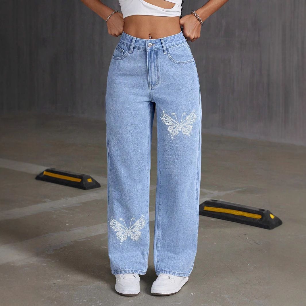 Rhinestone Butterfly Embellished High-Waisted Straight Leg Jeans For Women - Trendy Casual Denim Pants With Cotton Blend Fabric_mkmklike.com