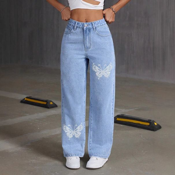 Rhinestone Butterfly Embellished High-Waisted Straight Leg Jeans For Women - Trendy Casual Denim Pants With Cotton Blend Fabric_mkmklike.com