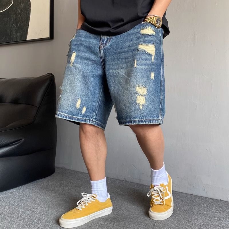 Retro American plus Size Men's Denim Shorts Casual Distressed Straight Leg Loose Fit Five Point Pants up to 300 Lbs_mkmklike.com