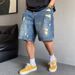 Retro American plus Size Men's Denim Shorts Casual Distressed Straight Leg Loose Fit Five Point Pants up to 300 Lbs_mkmklike.com