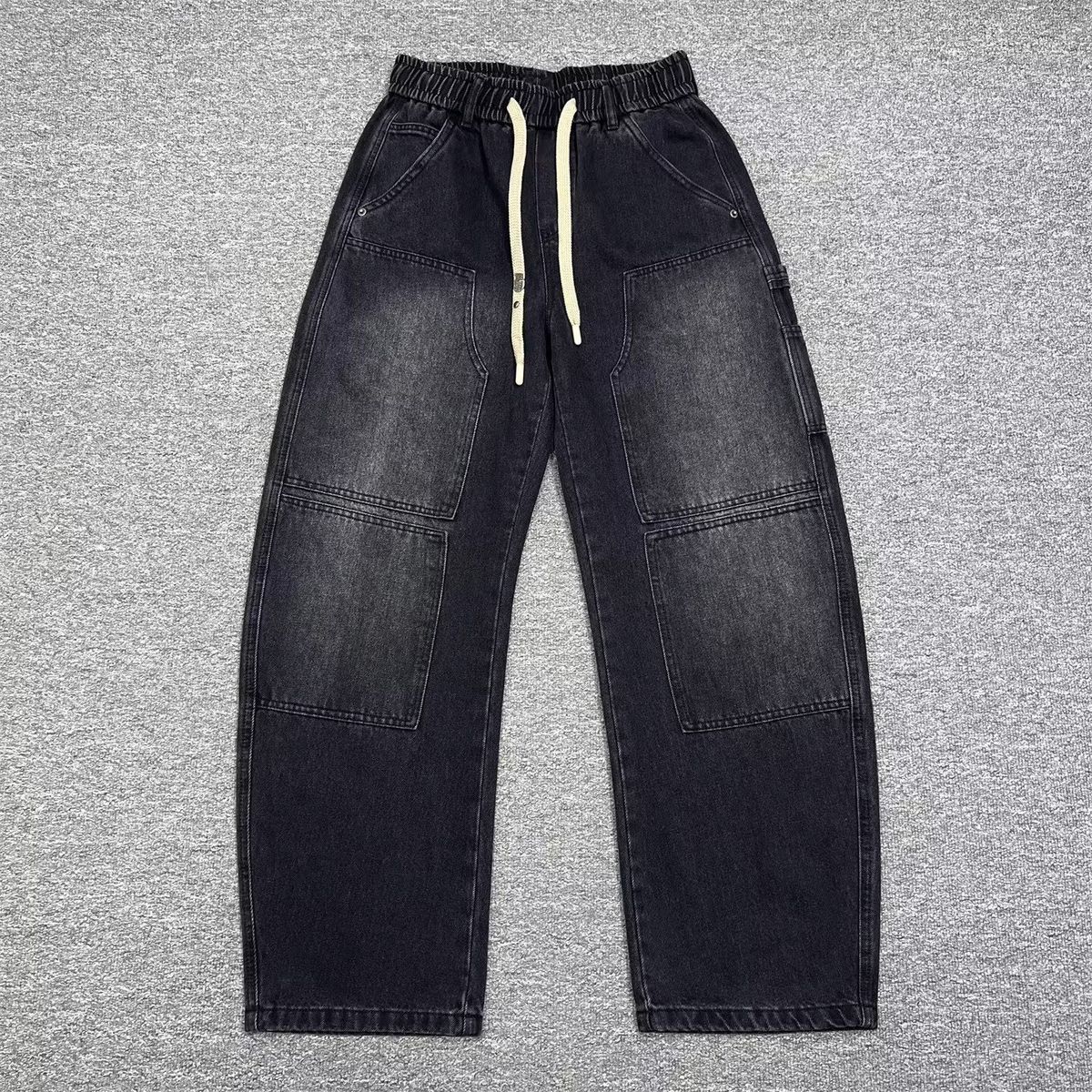 Men's Stretchable Drawstring Jeans - Relaxed Fit Straight Leg Casual Pants With Washed Denim For Spring & Autumn Seasons (Black, M-XXXL)_mkmklike.com