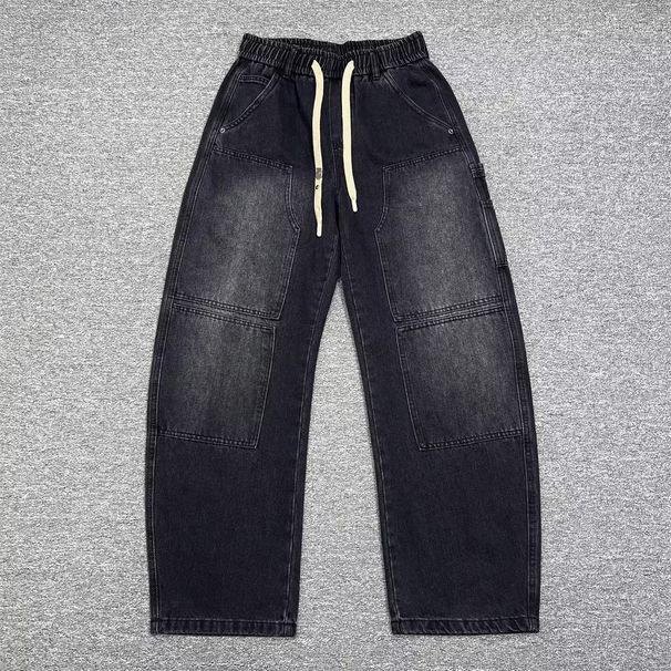 Men's Stretchable Drawstring Jeans - Relaxed Fit Straight Leg Casual Pants With Washed Denim For Spring & Autumn Seasons (Black, M-XXXL)_mkmklike.com