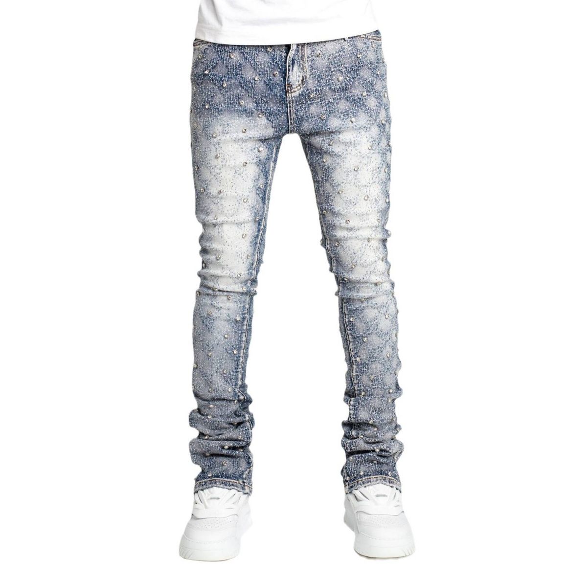 Men's Clothing Men's denim fashion personality straight men's pants fashion ins hot style elastic pearl denim layered men's pants_mkmklike.com