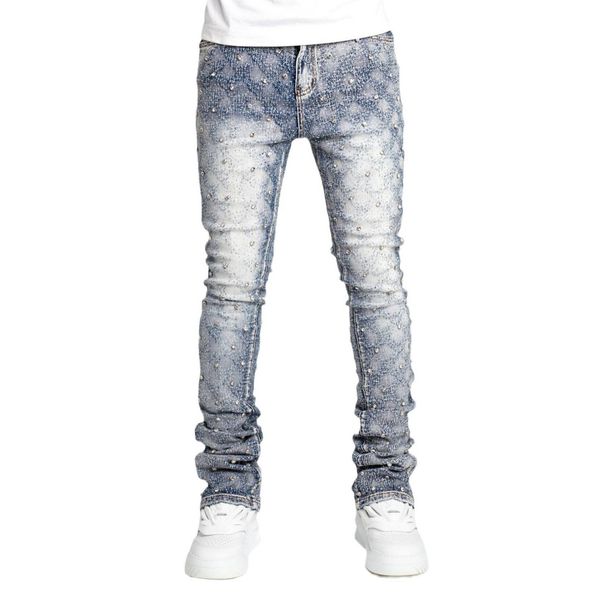 Men's Clothing Men's denim fashion personality straight men's pants fashion ins hot style elastic pearl denim layered men's pants_mkmklike.com