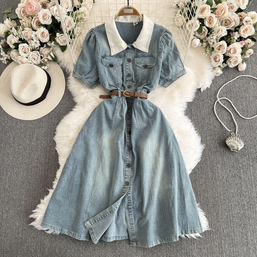 Denim Polo Collar Dress Female Split Belt Slim Design Sense Chic Temperament Long Skirt_mkmklike.com