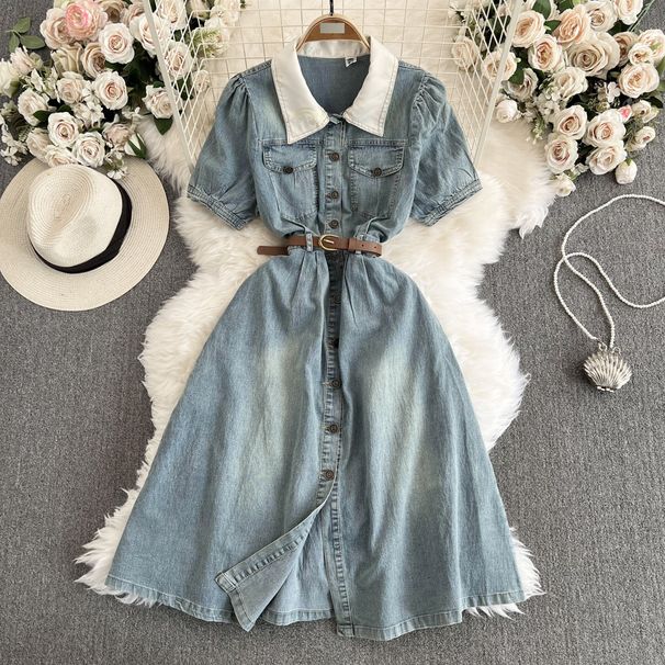 Denim Polo Collar Dress Female Split Belt Slim Design Sense Chic Temperament Long Skirt_mkmklike.com