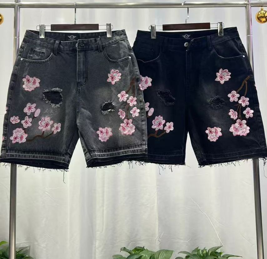 Men's Clothing Sakura Embroidered Denim Shorts! Ripped Design, Fashionable And Casual, Slim And Street Friendly Style WL617 2_mkmklike.com