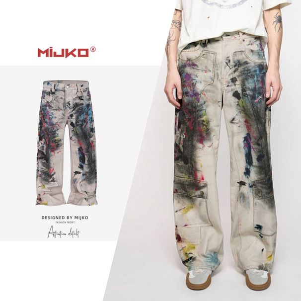 Men's Clothing Digital Print Unisex Straight-Leg Jeans With 3D Digital Graffiti Splatter Print – High Street Fashion Denim Pants (M, L, XL, XXL)_mkmklike.com
